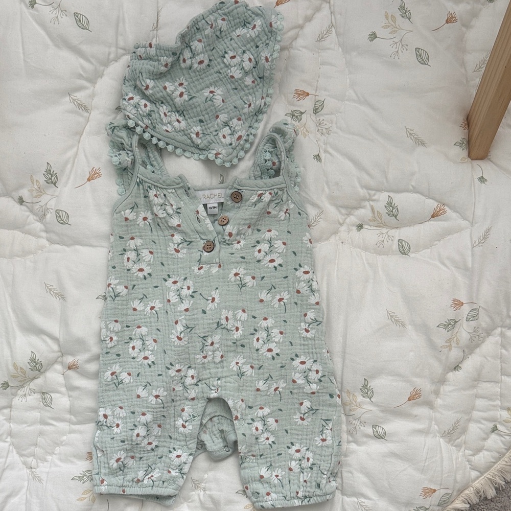 Rachel Zoe Floral Green Baby Romper with Matching Bib